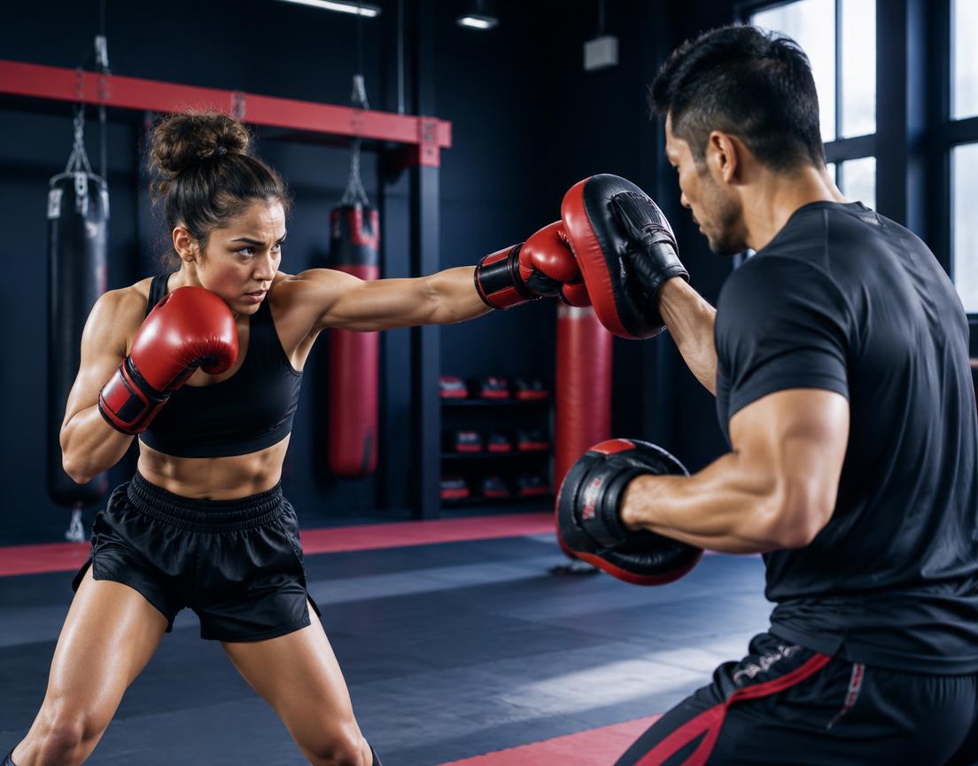 Kickboxer training with focus mitts