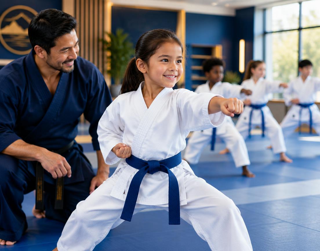 Child practicing martial arts with an instructor